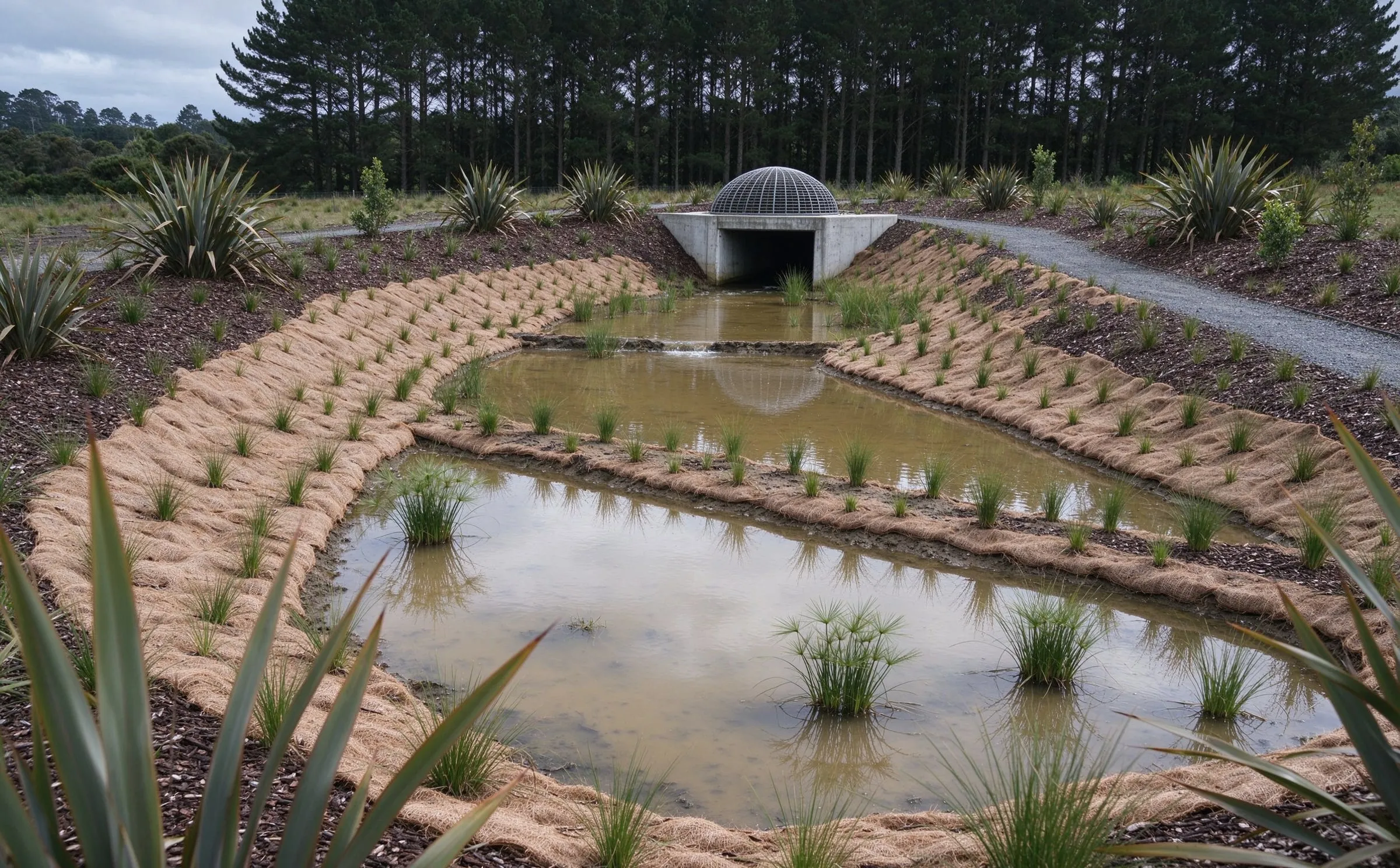 Newly planted stormwater wetland with shallow pools, coir matting and native seedlings